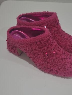 Sequin Bouclé Mule Heels in Pink